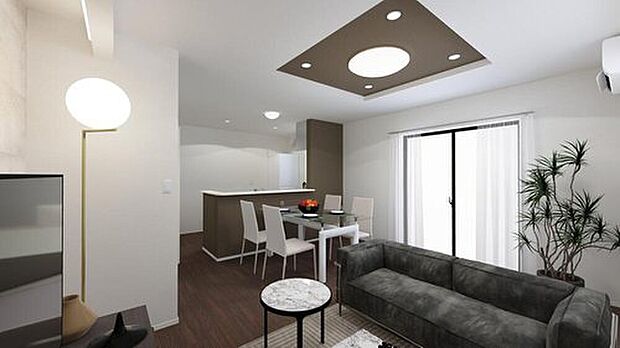 【完成予想図(内観)】※こちらの画像はCGです
家族の一体感を感じられる広々スペース。家族と過ごす時間を大切にする方にぴったりのゆとりの住空間。