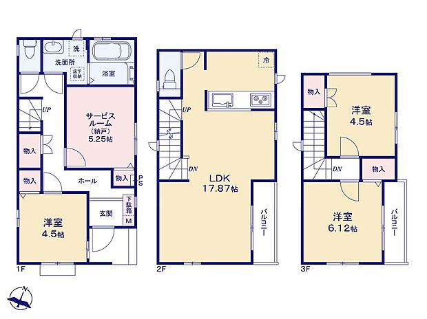 【3LDK+S】【3階建てプラン】1階と3階の両方にお部屋があるので1階を客室や物置として使ったり、家族で居住スペースを分けるなど、ライフスタイルに合わせて使い分けていただけます♪