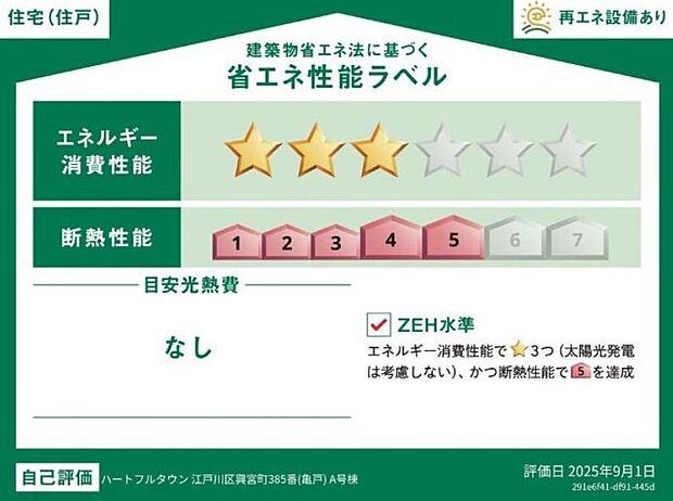 【【省エネ性能ラベル】】こちらの物件はZEH水準を満たした、省エネ性能に優れた物件です。　光熱費を抑えて暮らすことができるだけでなく、「熱の入りにくさ・逃げにくさ」という観点でも影響を受けにくい建物のため、長く快適にお過ごしいただけます♪
