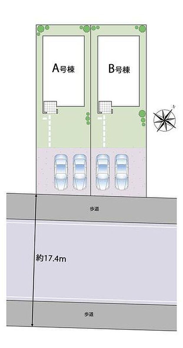 【全体区画図】カースペースは並列2台分!前面道路に歩道が整備されているのでお子さまの通行も安心です♪