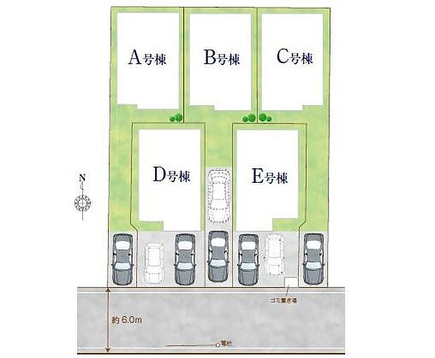【≪全体区画図≫】東武伊勢崎線「竹ノ塚」駅バス16分「団地入口」停歩3分♪B・D・E号棟は車種により2台分OK！（オプション対応）