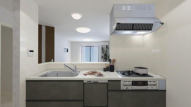 【≪Kitchen 1号棟完成予想図≫】対面式キッチンからは、リビングにいるご家族の様子が一目で分かります☆※図面を基に描き起こしたもので、実際とは多少異なる場合がございます。