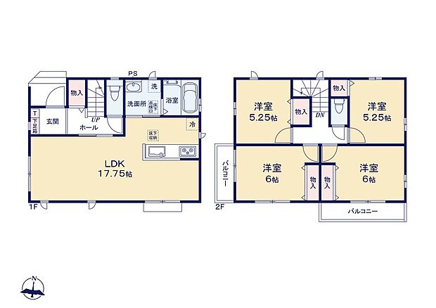 【4LDK】1階にワンフロアタイプのLDK、2階に4居室をレイアウト。家族の時間とひとりの空間の両方を大切にできそうです☆
