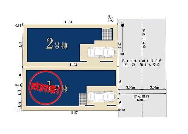 【全体区画図】カースペースは雨の日も安心のビルトインガレージ！前面道路は広々としているため、駐車の際にも快適です♪