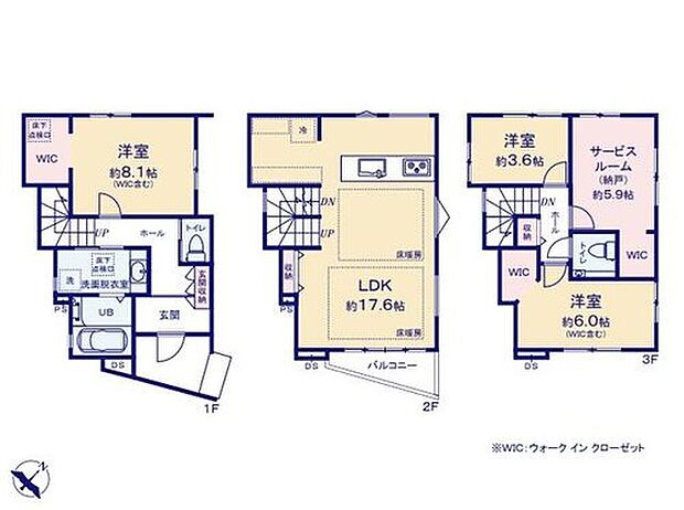 【3LDK+S】陽光溢れる3面採光の2階リビング!文具や掃除用具などもしまえるリビング収納が便利♪
キッチン横のスペースは収納や作業場など用途自在に使えます♪
3つのWICでたっぷり収納!空間をより広く活用いただけます♪