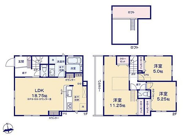 【3LDK】3面採光で解放感のあるリビングは、18.75畳の広々設計！
水回りがコンパクトにまとまったスムーズな家事動線！キッチンにはうれしい「床下収納」付き♪