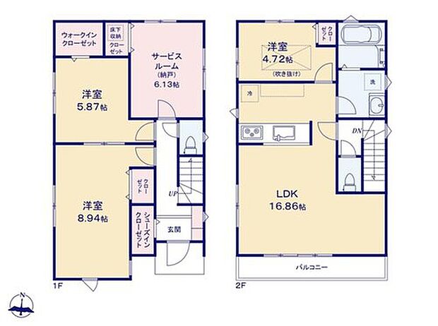 【3LDK+S】◆2階に設けたLDKは16.86帖♪対面システムキッチン採用！
◆サービスルームは2面採光の約6帖なので、お仕事部屋や趣味の部屋などにも自由に使用できます♪
◆SICやWIC付で収納充実！