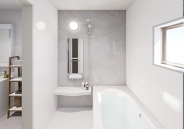 【完成予想図(内観)】※画像はCGです
≪Bathroom≫
１日の疲れた体を癒せるシステムバス。窓もあるので湿気もこもりません。雨の日のお洗濯も安心な「浴室乾燥機」つき♪