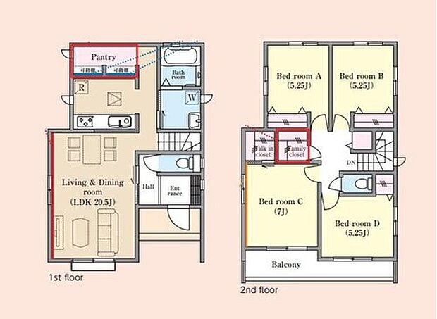 【4LDK】コミュニケーションが自然と増えるリビングイン階段を採用したリビングは、広々20帖超♪
食品ストックに便利な大容量パントリー完備!他にも、WICやファミリークローゼットなど収納豊富♪
