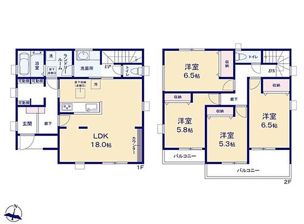 【4LDK】広々18帖のLDK！対面キッチンからはLDK全体を見渡せます♪多目的で使える広々とした収納スペース付き！ご家族が集う空間と、個の時間を大切にする居室をしっかり分け合える2階4居室プラン♪
