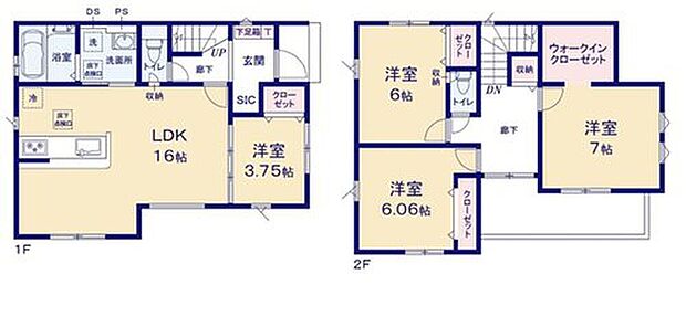 【4LDK】広々16帖のLDK！対面キッチンからはLDK全体を見渡せます♪シューズインクローク、ウォークインクローゼットなど充実の収納！お部屋をスッキリとご使用頂けます♪居室を通らずにバルコニーに出入り可能です♪