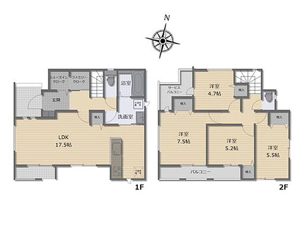 【4LDK】広々17.5帖のLDK！対面キッチンからはLDK全体を見渡せます♪シューズインクロークやファミリークローク、各居室に収納を完備していますので、お部屋をスッキリとご使用頂けます♪