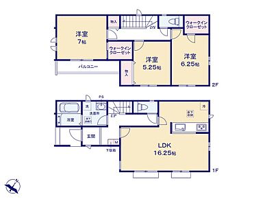 LDKは広々16.25帖！対面キッチンからはLDK全体を見渡せます♪2つのWICなど充実の収納でお部屋もスッキリ♪2階に3部屋をまとめることで、ご家族それぞれのプライベート空間も保てます♪ 