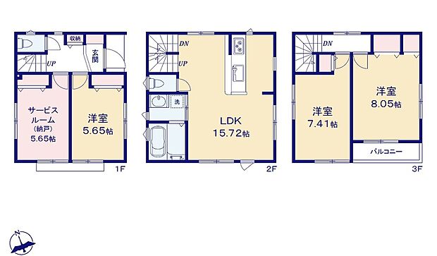 【3LDK+S】2階リビング配置で日当たり良好◎主寝室はゆったり8.05帖☆家族の自然なコミュニケーションが生まれるリビングイン階段を採用!水回りのまとまった家事導線スムーズな間取り♪