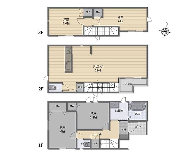 【2LDK+2S】道路からのプライバシーを確保しやすい「2階リビング」採用♪広々21帖のLDK!対面キッチンからはLDK全体を見渡せます♪全居室に収納を完備しているので、お部屋をスッキリとご使用頂けます♪