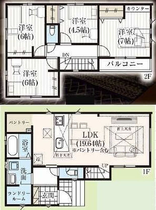 【4LDK】広々19.64帖のLDK!対面キッチンからはLDK全体を見渡せます♪育ちざかりのお子様を持つママに嬉しい広々パントリー(食糧貯蔵庫)付き♪雨の日の洗濯物も安心のランドリールーム付き♪