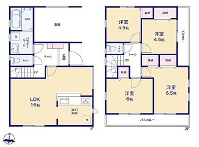 広々16帖のLDK！対面キッチンからはLDK全体を見渡せます♪洋室を2階に集約し、プライバシーにも配慮した間取りプラン♪2面バルコニーがあるので、大量の洗濯物も布団干しも楽々です♪ 