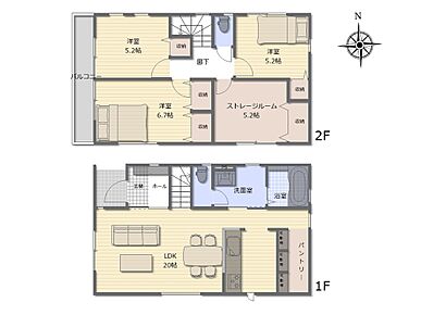 広々20帖のLDK！対面キッチンからはLDK全体を見渡せます♪育ちざかりのお子様を持つママに嬉しいパントリー付き♪2部屋から出入り可能な広々バルコニーを備えているので、大量の洗濯物も楽々です♪ 