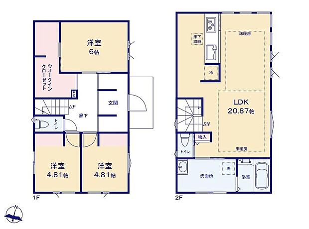 【3LDK】大きな間口の贅沢な玄関には土間収納を両サイドに設け、アウトドア品やベビーカー、家族の靴もすっきり収納!広々20.87帖のリビングは2階設置で日当たり良好☆