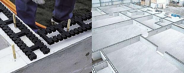 【【基礎パッキン】】基礎と土台を絶縁することで、腐朽菌や、シロアリの被害を未然に防ぎ、建物の耐久性や建材の持つ性能を十分に発揮させます。キソパッキンロングを通して、基礎全周から床下内へ自然の風を送り込みます。