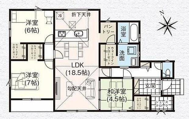 【3LDK】家事導線スムーズな平屋建てはライフステージの変化にも対応可能♪土間収納やパントリーなど人気の収納を採用◎やすらぎの空間「和洋室」を配置し、家族みんなが過ごしやすい住まいとなっております。