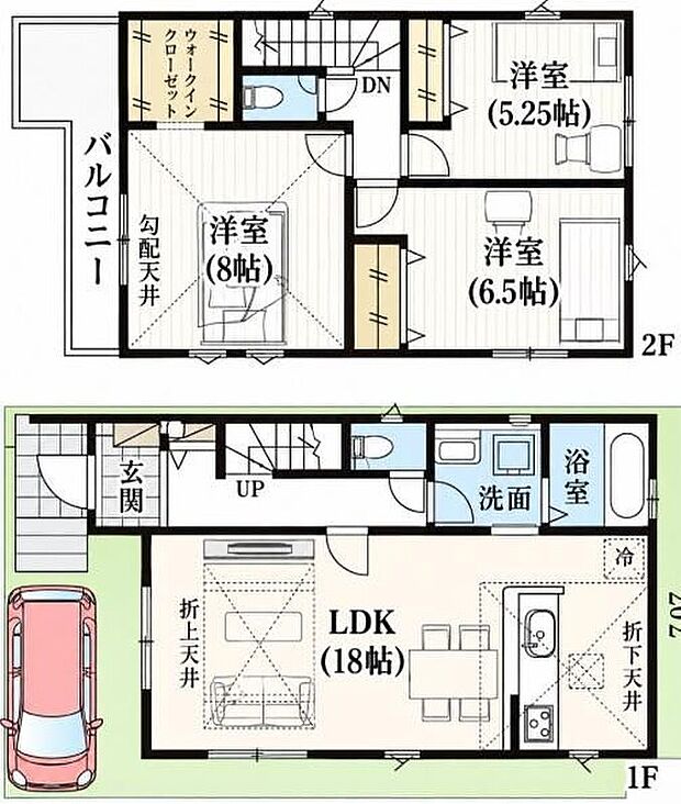 【3LDK】広々18帖のLDK!対面キッチンからはLDK全体を見渡せます♪洋室を2階に集約し、プライバシーにも配慮した間取りプラン!主寝室にお勧めの8帖の洋室には広々としたWICを完備!お部屋を綺麗に保てそうですね♪