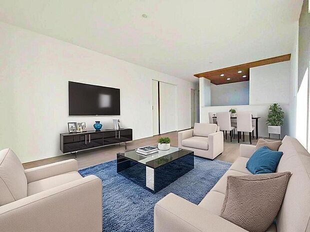 5号棟
陽光ふりそそぐ明るい18帖のリビング♪
対面式キッチンは、家事をしながら家族の様子が一目でわかる安心&便利設備♪
※家具をCGで加工しています。家具付き販売ではございません。