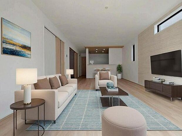 2号棟
陽光ふりそそぐ明るい18帖のリビング♪
対面式キッチンは、家事をしながら家族の様子が一目でわかる安心&便利設備♪
※家具をCGで加工しています。家具付き販売ではございません。