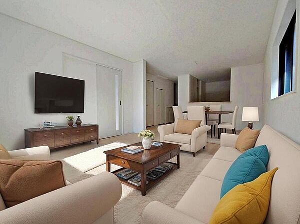 ２号棟
陽光ふりそそぐ明るい２０．７帖のリビング。
対面式キッチンは、家事をしながら家族の様子が一目でわかる安心＆便利設備♪
※家具をCGで加工しています。家具付き販売ではございません。