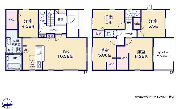 【5LDK】対面式キッチン仕様の広々約１６．３８帖のリビング♪
２階４部屋あり、お子様一人一人にお部屋を与えられます♪
大きな荷物も収納可能なウォークインクローゼット付き♪
雨の日でも安心なインナーバルコニー♪