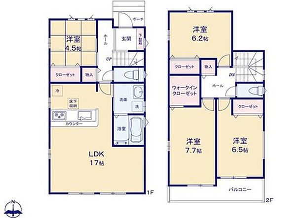 【4LDK】対面式キッチン仕様の広々約１７帖リビング♪
１階・２階廊下に収納スペースあり♪
大きな荷物も収納可能なウォークインクローゼット付き♪
２部屋からアクセス可能な南向きバルコニー！