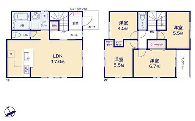 【4LDK】キッチン上部折下天井仕様の広々約１７帖リビング♪
２階は４部屋あり、お子様一人一人にお部屋が与えられます☆
大きな荷物も収納可能なウォークインクローゼット♪
日当たり良好な南東向きのバルコニー♪