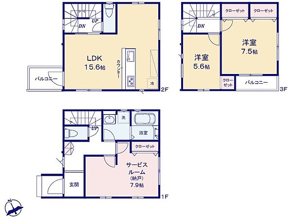 【2LDK+S】対面式キッチン仕様の日当たり良好な15.6帖のリビング♪
間仕切り対応可能な7.9帖の納戸スペース付き♪
各居室に収納充実でお部屋が片付けやすい♪
使い分けが出来て便利な2面バルコニー♪