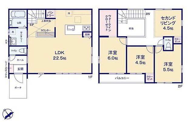 【3LDK】対面式キッチン仕様の約22.5帖の開放的なリビング!
2階4部屋あり、お子様一人一人にお部屋を与えられます☆
大きな荷物も収納可能なウォークインクローゼット♪
日当たり良好な南向きバルコニー♪