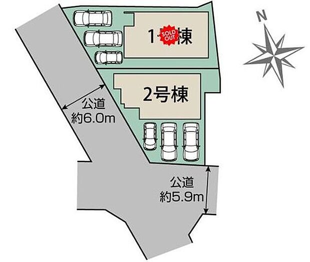 【全体区画図】春日井市上田楽町2期、全2棟
最大並列3台駐車可能♪※車種による
1号棟 ご成約済み
2号棟 3,380万円