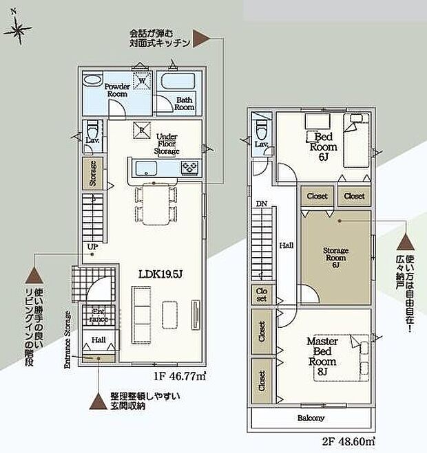 【2LDK+S】対面式キッチン仕様の大空間１９．５帖の明るいリビング♪
リビングや廊下・各居室に収納スペースが充実♪
大きな荷物も収納可能な６帖の納戸付き☆
日当たり良好な南向きのバルコニー♪