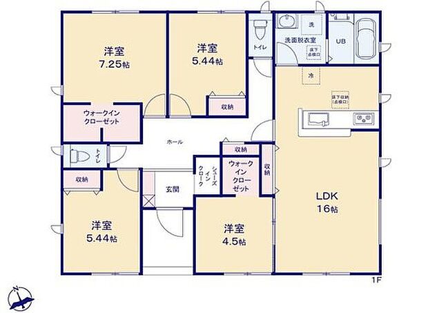 【4LDK】対面式キッチン仕様の１６帖の明るいリビング♪
玄関がスッキリ片付くシューズインクローク付き♪
廊下やリビングに収納スペースが充実♪
大きな荷物も収納可能なウォークインクローゼット付き♪