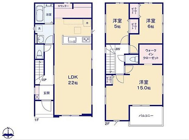 【3LDK】オシャレな折上天井仕様の広々２２帖のリビング♪
大きな荷物も収納可能なウォークインクローゼット付き♪
間仕切対応可能な１５帖の広々とした居室☆
南向きで日当たり良好なバルコニー♪