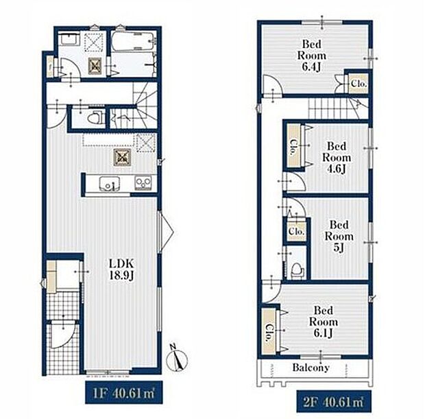 【4LDK】対面式キッチン仕様の広々18.9帖の明るいリビング♪
2階4部屋の広々プライベート空間☆
洗面室や各居室に収納スペースが充実♪
日当たり良好な南向きのバルコニー♪
