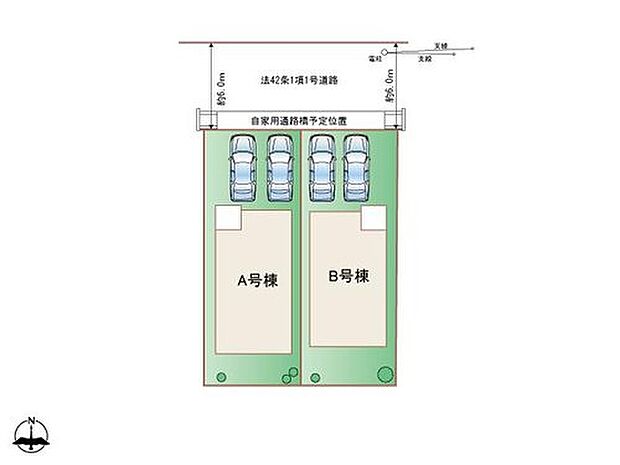 【全体区画図】守山区川北町　全2棟
A号棟　３，０９０万円
B号棟　３，０９０万円　※並列2台駐車
◆前面建物がなく、庄内川の土手に面しています。遊歩道、景色など、自然環境を日常生活の一部として楽しむことができます