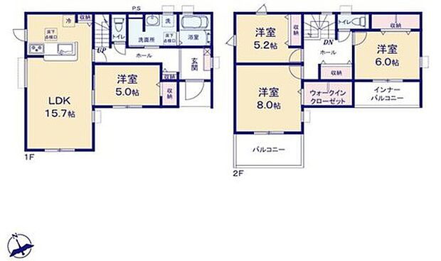 【4LDK】対面式キッチン仕様の広々１５．７帖の明るいリビング♪
大きな荷物も収納可能なウォークインクローゼット付き♪
リビングや廊下、各居室に収納スペースが充実♪
日当たり良好な２つの南向きバルコニー♪