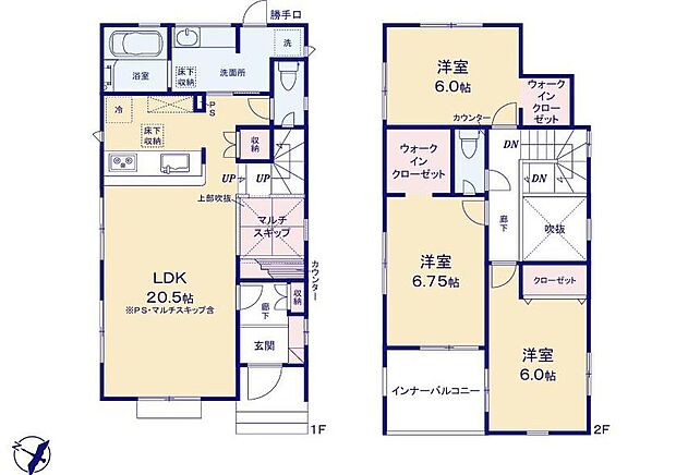 【3LDK】折上天井仕様の広々２０．５帖の明るいリビング♪
多目的に使える２．５帖のカウンター付きマルチスキップ♪
大きな荷物も収納可能なウォークインクローゼット♪
雨の日でも安心な南西向きのインナーバルコニー♪