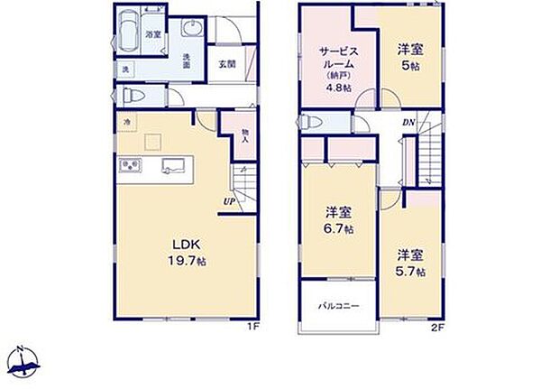 【3LDK+S】対面式キッチン仕様の広々１９．７帖の明るいリビング♪
２階４部屋あり、プライベート空間が充実♪
廊下や各居室に収納スペースが充実♪
日当たり良好な南向きのバルコニー♪
