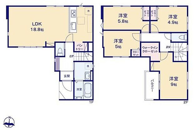 【4LDK】折上天井仕様の広々とした18.8帖の明るいリビング♪
キッチンがスッキリ片付くパントリー付き♪
大きな荷物も収納可能なウォークインクローゼット付き♪
日当たり良好なバルコニー♪