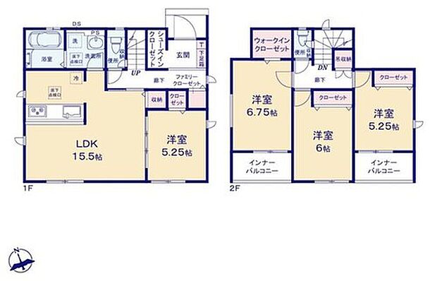 【4LDK】対面式キッチン仕様の明るい15.5帖のリビング♪
玄関がスッキリ片付くシューズクローク♪
ファミリークローゼット&WIC付きで収納豊富☆
日当たり良好な2つの南向きインナーバルコニー♪
