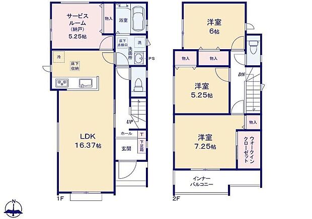【3LDK+S】対面式キッチン仕様の約16.37帖のリビング♪大きな荷物も収納可能なウォークインクローゼット付き♪居室として使えば4LDKに進化する約5.25帖の納戸♪日当たり良好な南向きのワイドバルコニー♪