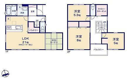 対面式キッチン仕様の広々２１帖の明るいリビング♪
リビングに隣接したホッと一息着けるタタミコーナー♪
家族の服がスッキリ片付くファミリークローゼット付き♪
日当たり良好な南向きのバルコニー♪ 