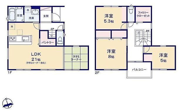 【3LDK】対面式キッチン仕様の広々21帖の明るいリビング♪
リビングに隣接したホッと一息着けるタタミコーナー♪
家族の服がスッキリ片付くファミリークローゼット付き♪
日当たり良好な南向きのバルコニー♪