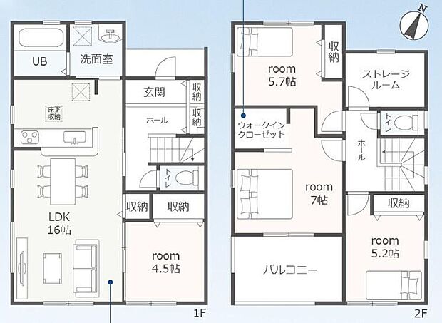 【4LDK+S】対面式キッチン仕様の明るい16帖のリビング♪大きな荷物も収納可能なウォークインクローゼット付き♪季節物や防災用品などの収納に便利なストレージルーム♪日当たり良好な南向きの広々としたバルコニー♪