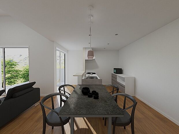 【横並びのキッチンダイニング】キッチンでの作業中も家族とコミュニケーションが取りやすい間取り※完成イメージ画像